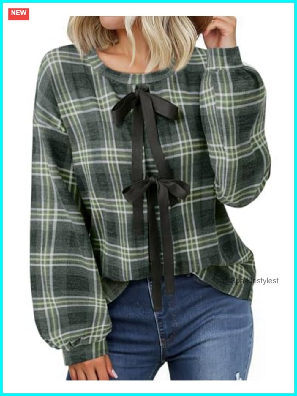 Women's Tie Front Ribbed Knit Tunic Top Lantern Sleeve Crewneck Sweater